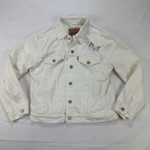 Levi's White Denim Trucker Jacket Small Butterfly‎ Print Women's Casual Jean
